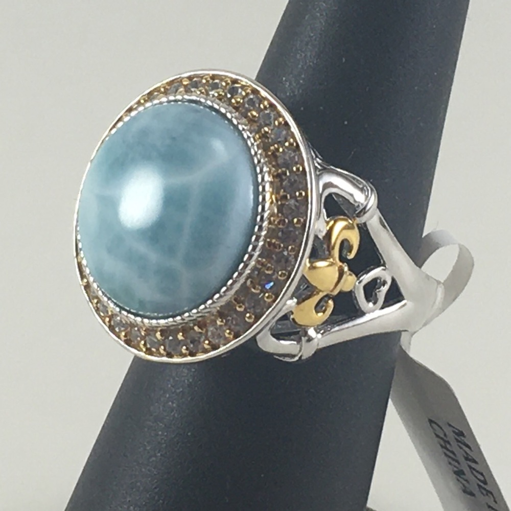 Sterling Silver Larimar & White Zircon Halo Ring